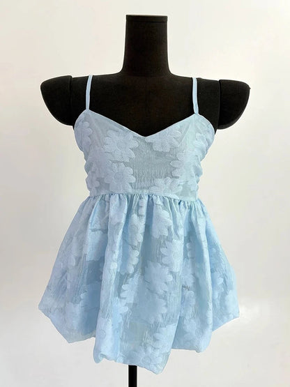 3d Embroidered Jacquard Tank Top Strap Summer New Style Unique Design Lotus Leaf Edge Puff Blouse Top