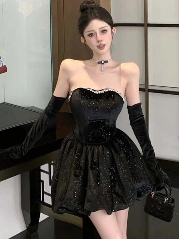 Black Velvet Dresses Y2k Strapless Birthday Party Mini Dress Korean Slim Waist Aline Short Vestidos Female Clothing