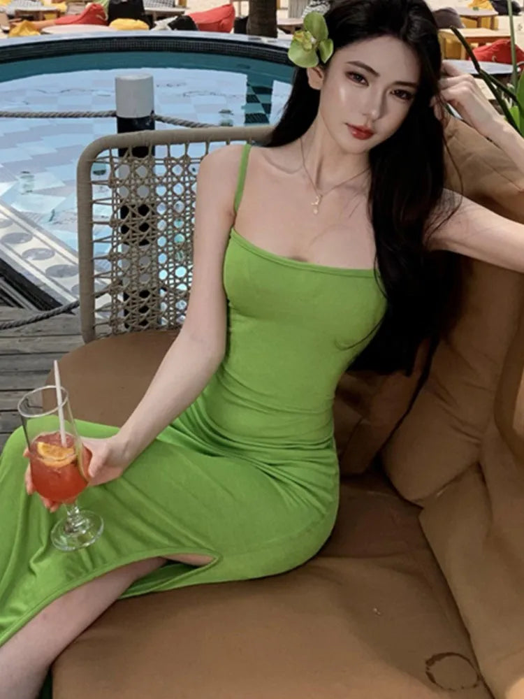 Spaghetti Strap Green Long Dresses Slash Neck Sleeveless Bodycon Party Dress Summer Holiday Beach Vestidos Robe New