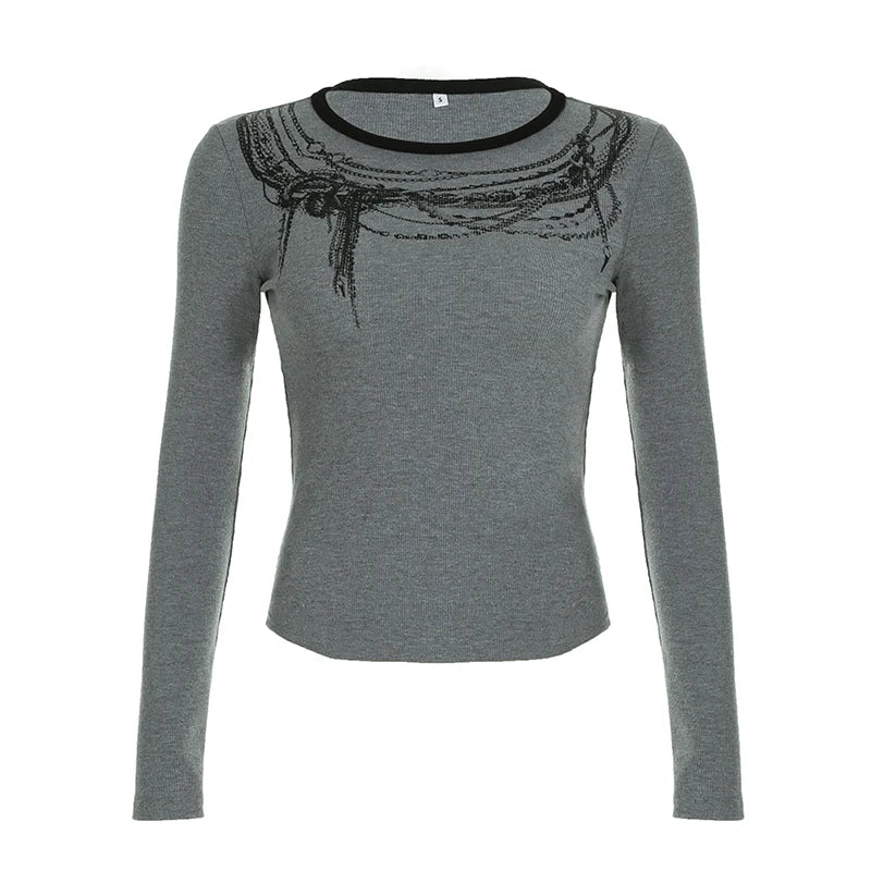 Chain Print O-neck Long Sleeve Blouses Gothic Punk Autumn Basic Top Tees