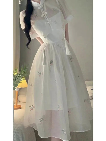 Dress Sets Summer Chinese Style Hight Waist Mesh Midi Dresses Gentle Wind Female Dress Vestidos