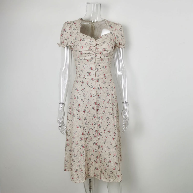 Summer Side Split Long Dress Female Beach Retro Print Sundress Vestido