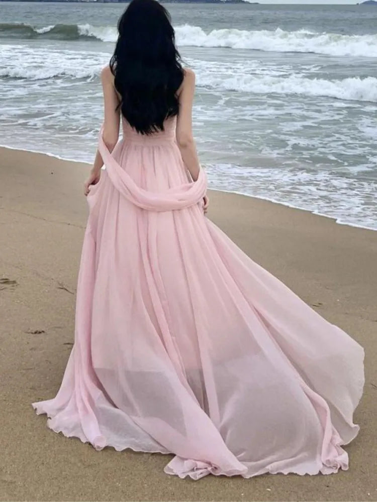 Summer Pink Pleated High Waist Split Long Dress Backless Halter Strapless Fairy Dress Female Vestido