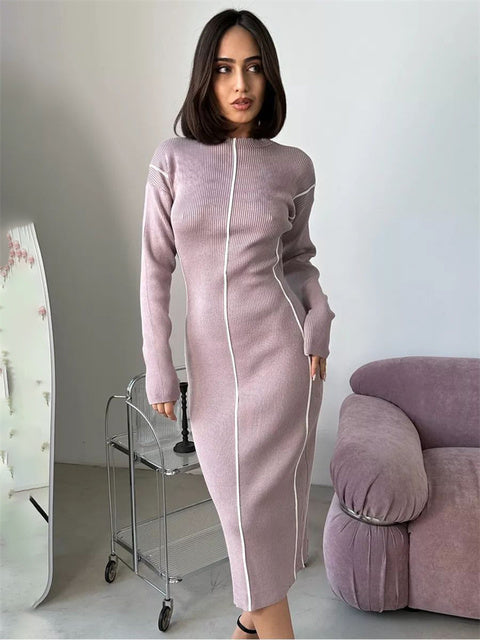 Patchwork Knit Maxi Dress for Contrast Ribbed High Waist Slim Party Dress Female Knitwear Long Dress