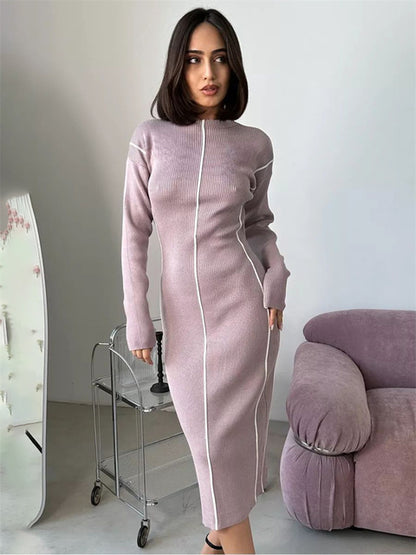 Patchwork Knit Maxi Dress for Contrast Ribbed High Waist Slim Party Dress Female Knitwear Long Dress