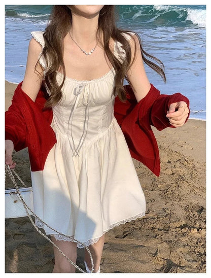 Sweet White Mini Dress Square Collar Sleeveless Laceup Birthday Party Dresses Summer Aline Short Vestidos