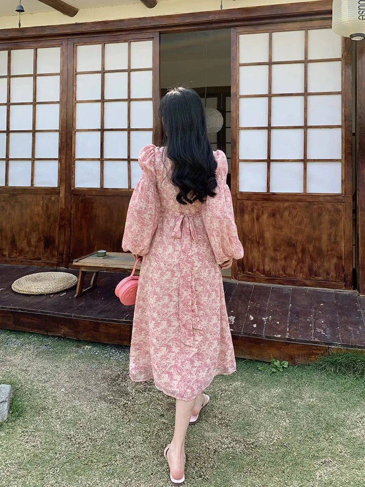 Long Sleeve Printed Midi Dress Woman Ol Dress Korean Autumn Beach Evening Party Dress Female