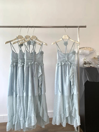 Korean Fairycore Midi Dress for Sweet Spaghetti Strap Halter Ruffles Birthday Party Dresses Summer Holiday Beach Vestidos