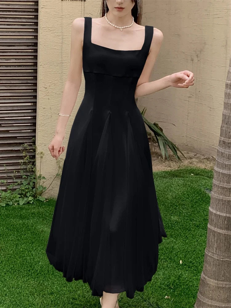 Summer Spring Fairy Dresses Mesh Patchwork Square Collar Sleeveless Evening Party Midi Dress Female Vestidos Robe