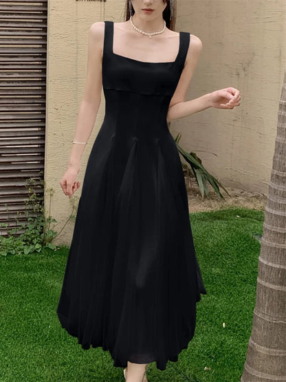 Summer Spring Fairy Dresses Mesh Patchwork Square Collar Sleeveless Evening Party Midi Dress Female Vestidos Robe