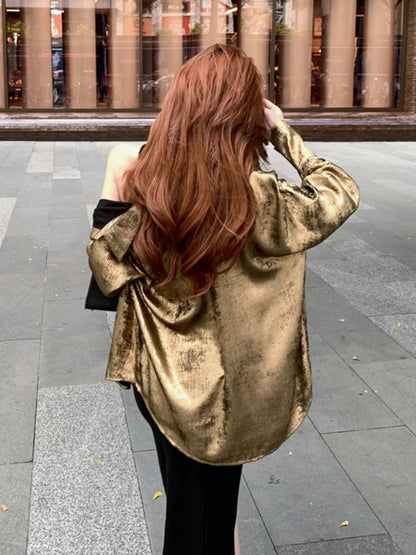 Y2k Golden Color Shirt Female Long Sleeve Blouse Button Up Oversized Spring Autumn Top