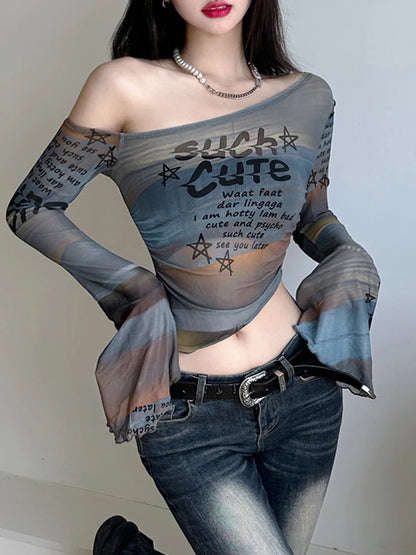 Colour Letter Print Fabric Skew Collar Asymmetric Top Tees Flared Sleeve Design Slim Personality Blouses