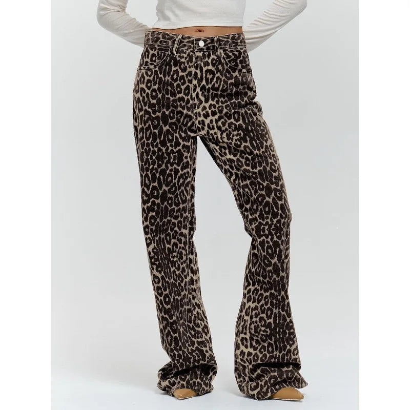 Y2k Leopard Jeans Woman Baggy Spring Harajuku Denim Pants Korean Causal Trousers Aesthetic
