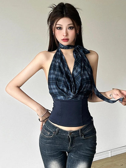 Korean Sleeveless Tank Tops Plaid Y2k Crop Top Female Outdoors Backless Blouse