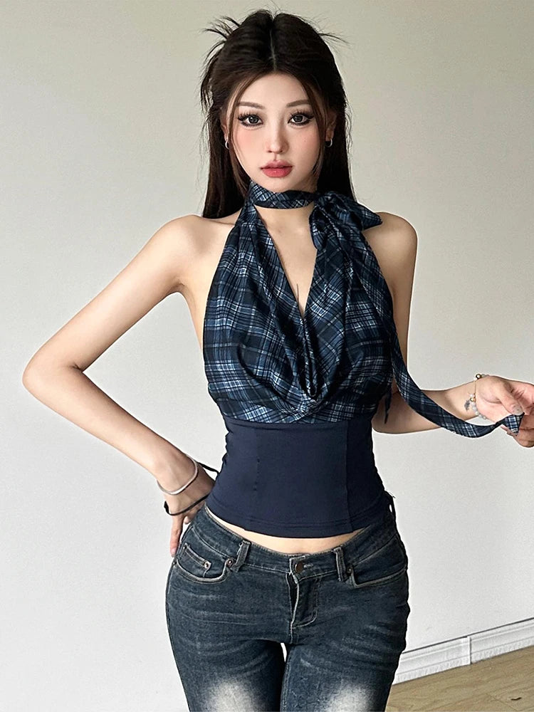 Korean Sleeveless Tank Tops Plaid Y2k Crop Top Female Outdoors Backless Blouse
