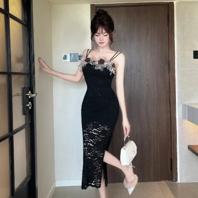 Sweet Hot Girl Lace Patchwork Strap Dress Autumn Mesh Flower Hollow Long Dress Female Clothes