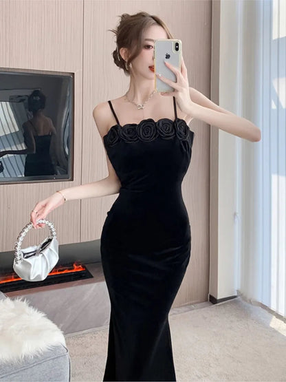 Autumn Winter Black Velvet Appliques Sling Long Dress Dress Korean Vintag Dance Party Night Dress