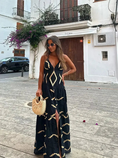 Backless Print Halter Maxi Dress Deep V-neck High Waist Split Dresses Summer Lady Loose High Street Robe