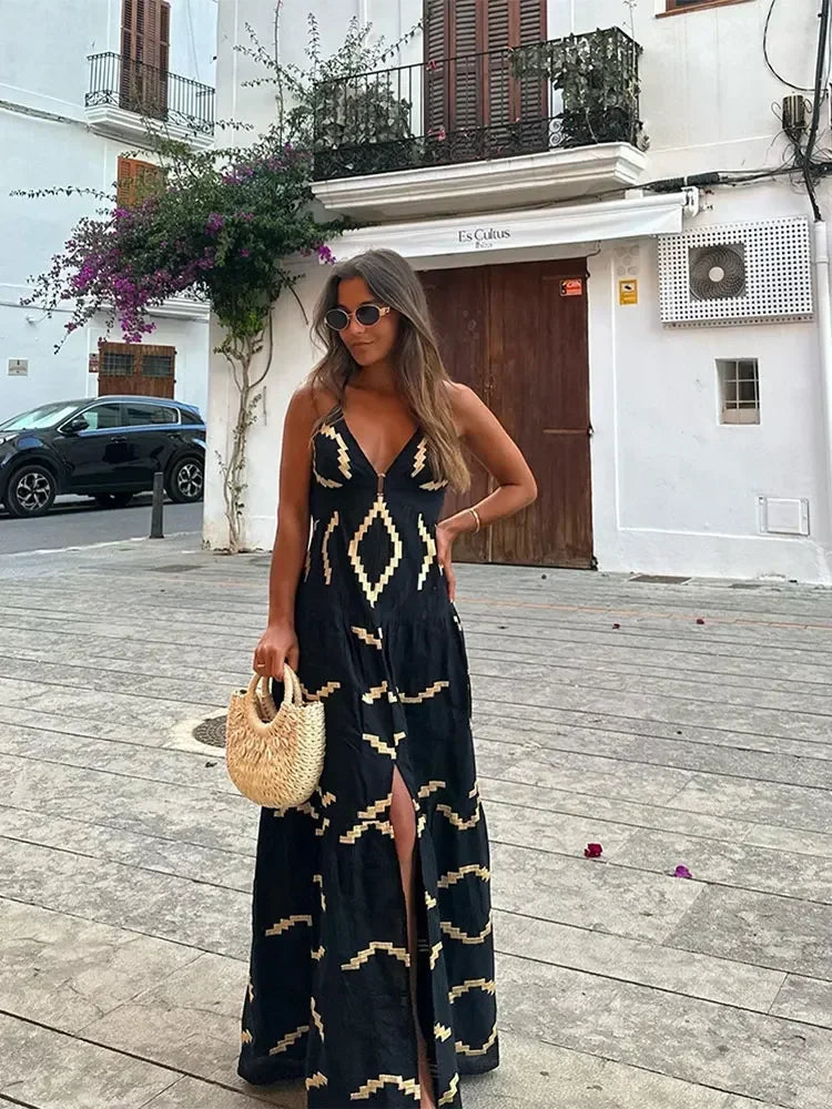 Backless Print Halter Maxi Dress Deep V-neck High Waist Split Dresses Summer Lady Loose High Street Robe
