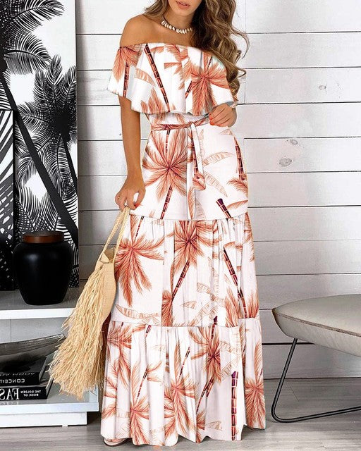 Print Off Shoulder Long Dresses Summer Ruffles One-piece Collar Leace-up Maxi Dress Female Commuting Vestidos New