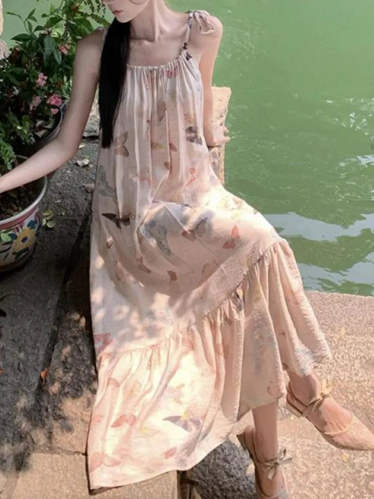 Butterfly Print Party Pleated Long Dress for Summer Club Beige Backless Bandage Slip Vestidos Robe