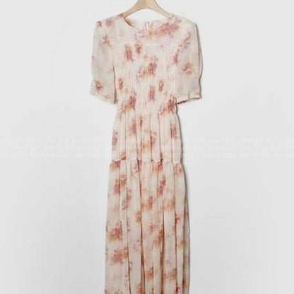 Kylethomasw Short Sleeve Chiffon Dress Print Elastic Waist White Dress Lady Summer Long Dresses for Vestido