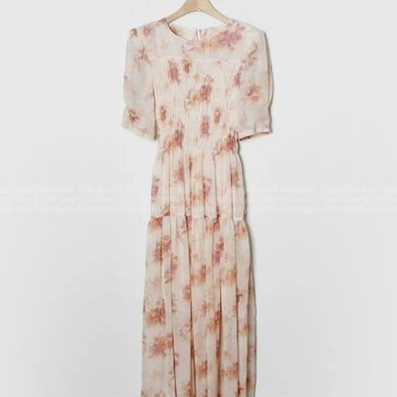 Kylethomasw Short Sleeve Chiffon Dress Print Elastic Waist White Dress Lady Summer Long Dresses for Vestido