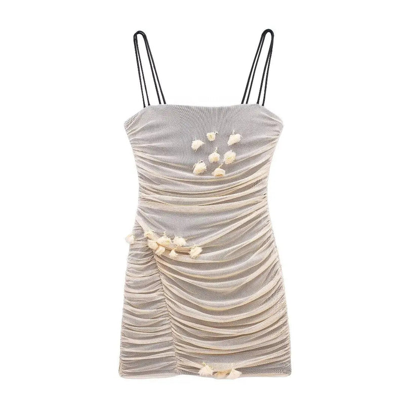 Summer Female Slip Mini Dress Mesh Ruched Sleeveless Dresses Female Backless Slim Dress