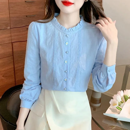 Embroidery Spring Autumn Blouses Shirts Lady Long Sleeve Stand Collar Color Blusas Tops Df4774