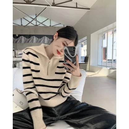 ’s Striped Sweater Zip Thick Fall Loose Turtleneck Knit Jumper Turn-down Collar Oversize Sweaters