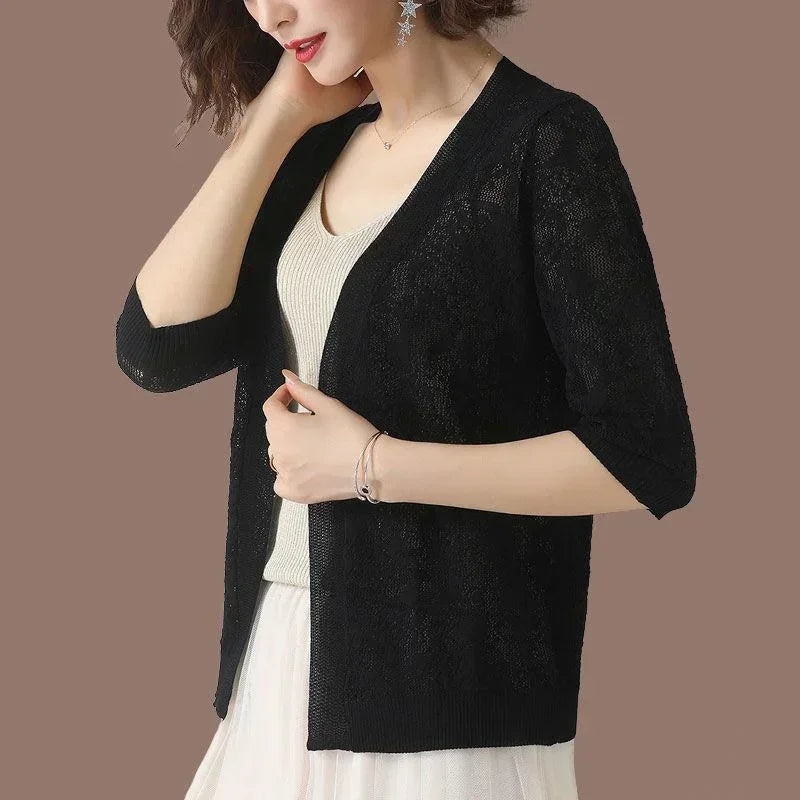 Summer Oversized Knit Cardigan Jackets Half Sleeve Lace Knitwears Coats Korean Hollow Out Sunscreen Tops