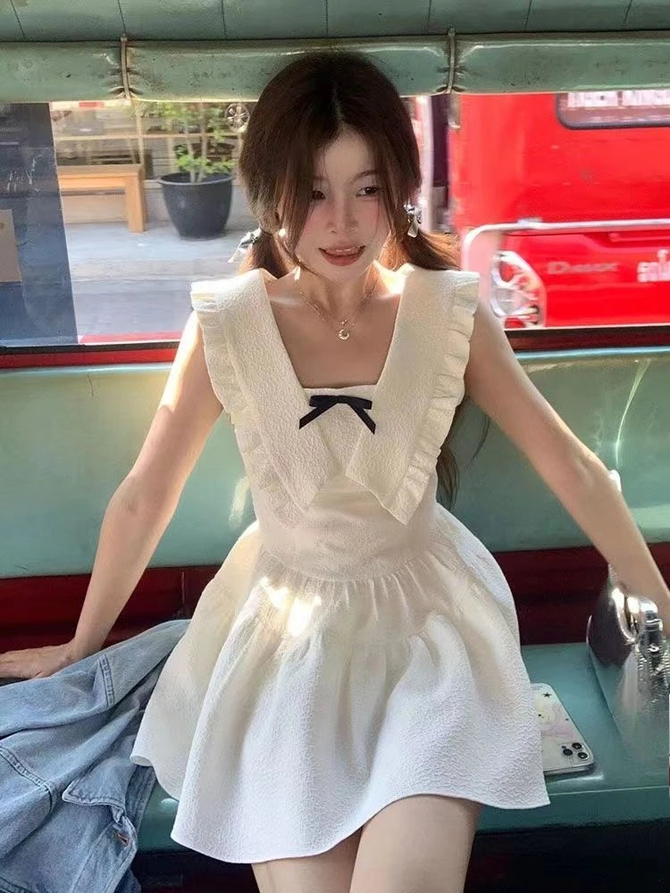 Sweet Mini Dresses Bow Sleeveless Patchwork Bow Slim Square Collar Spring Summer Dress Party