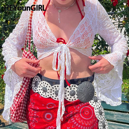 Trumpet Sleeves Sunscreen Cardigans Y2k V Neck Cropped Top Knitted White Lace-up Tee Shirt