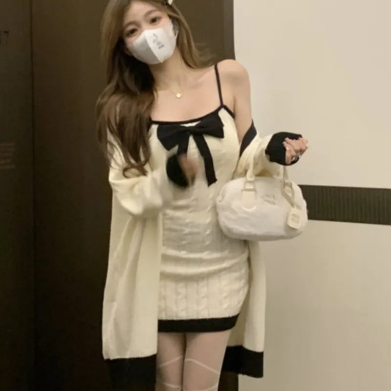 Knitted Two-piece Set Bow Designer Sweet Party Dress Set Female Korean Style Sweater Mini Dress Suit Winter