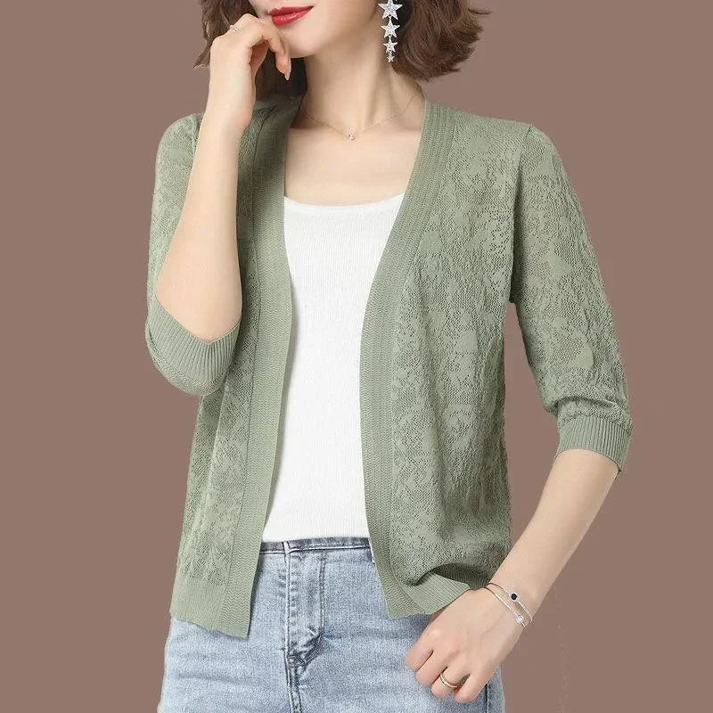 Summer Oversized Knit Cardigan Jackets Half Sleeve Lace Knitwears Coats Korean Hollow Out Sunscreen Tops