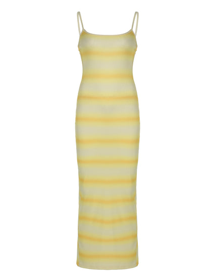 Yellow Gradient Stripe Slim Spaghetti Straps Long Dresses Split Side Rib Knit Beach Vacation Outfits