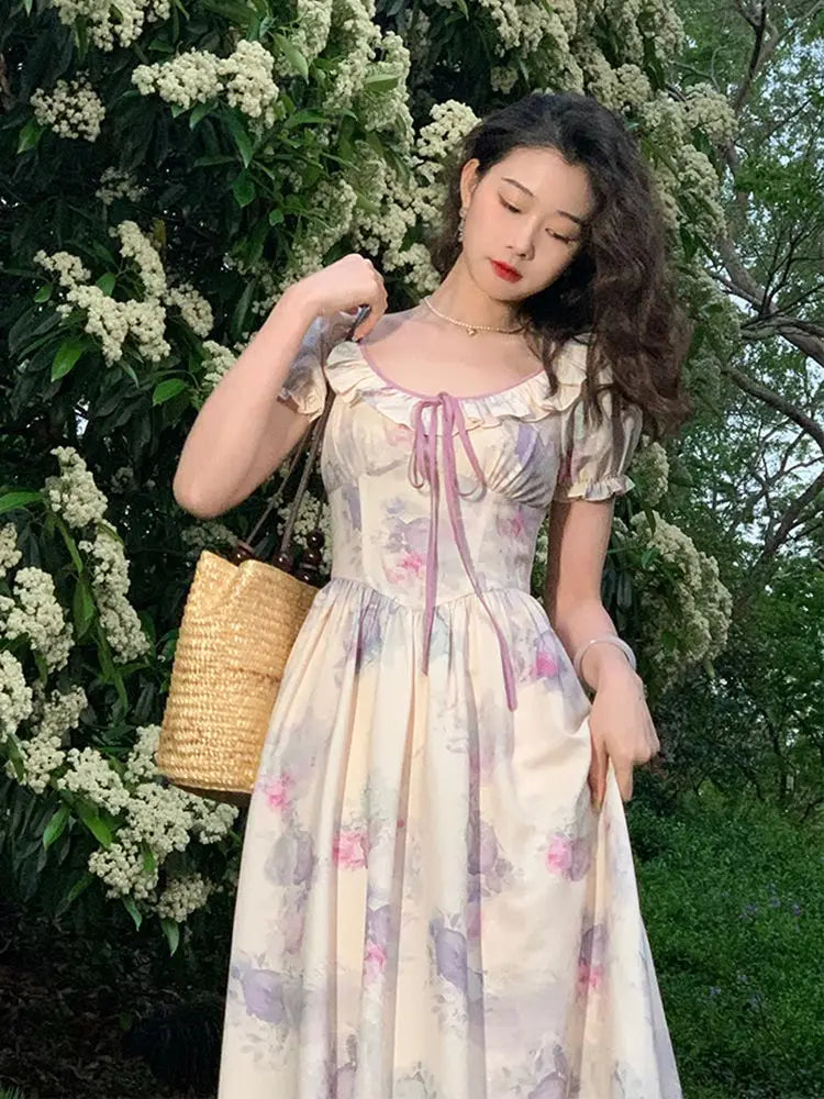 French Printing Long Dress Bandage Short Puff Sleeve Dress Summmer Bodycon Prom Party High Waist Dresses Woman