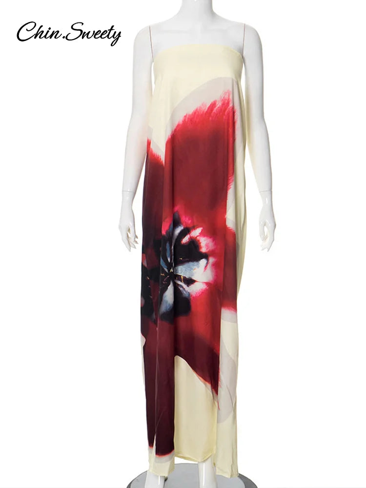 Printed Strapless Long Dresses Loose Off the Shoulder Sleeveless Beach Dress Summer Lady Vacation Robes