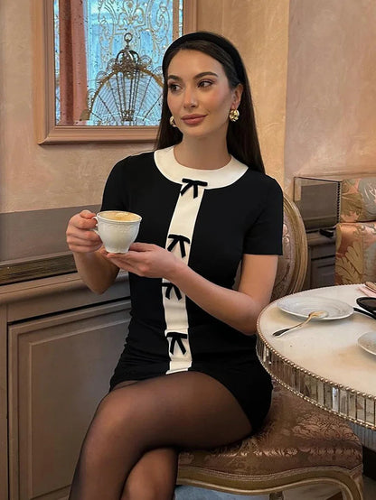 Summer Dresses Woman White Black Oneck Short Sleeves Bow Decorate Zipper Female Mini Dress