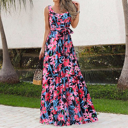 Summer Flower Print Sleeveless Long Dresses Vacation Style Dress O Neck High Waist Leace-up Maxi Vestidos