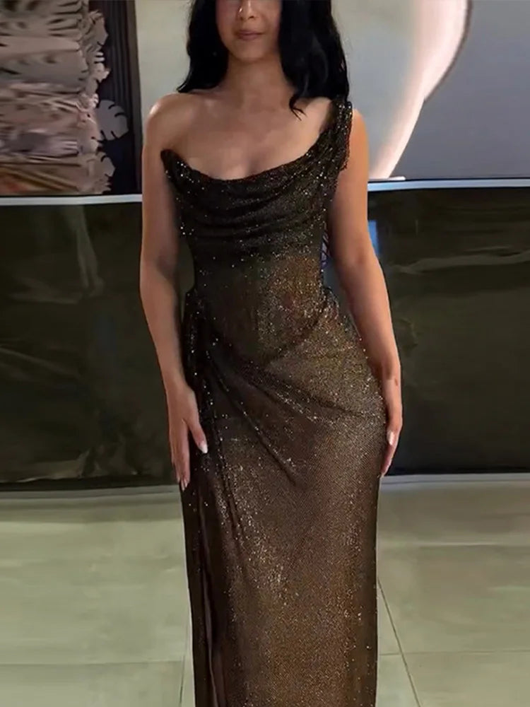 Sequin Single Shoulder Long Dress Glitter Pleated Sleeveless Tube Dresses Female Spring Evening Holiday