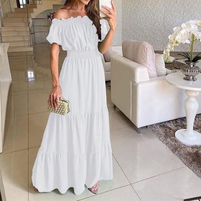 Summer Vestidos Red Short Sleeve Club Party Evening Long Dress Slim Color Robe Ruffles Elastic Waist Slash Neck