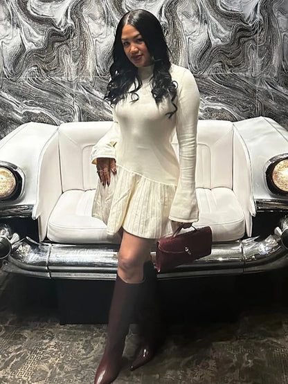Knitted Flare Sleeve Mini Dress Turtleneck Slim Pleated Short Dresses Female Autumn Knitwear