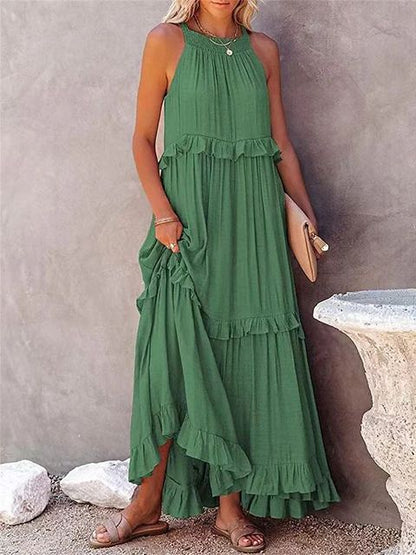 Summer Vacation Style Halter Neck Long Dresses Backless Leace-up Loose Ruffles Beach Dress Vestidos