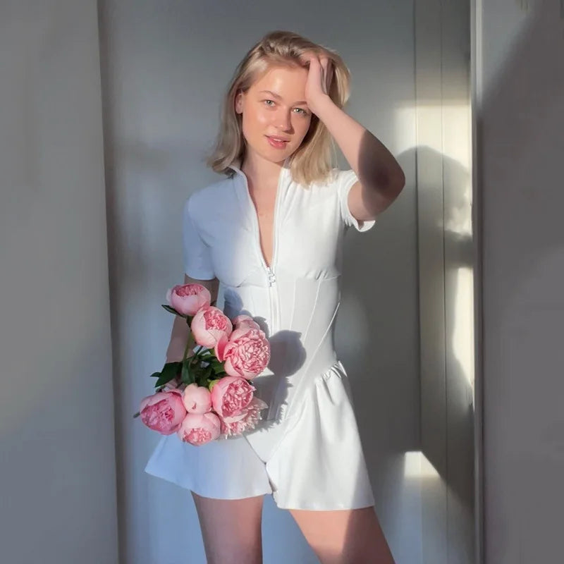Y2k Cross Border Hot Selling Tight Skirt Jumpsuit Spring/summer New ’s Round Neck Short Sleeve Zipper Bottom Shirt