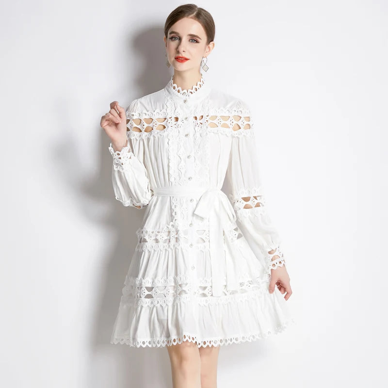 Stand Collar Single Breasted Dresses New Spring Hollow Out Embroidery Lace Trims White Mini Dress