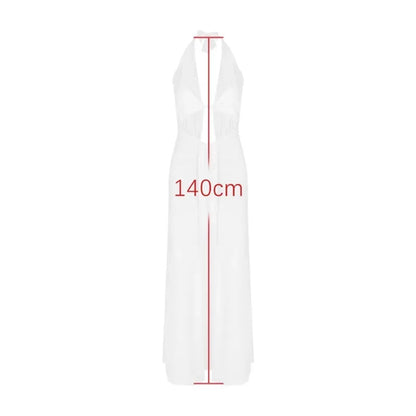 Halter Neck Hollow Long Dress White Pleated Backless Evening Dress Lace Up Sleeveless Long Dress