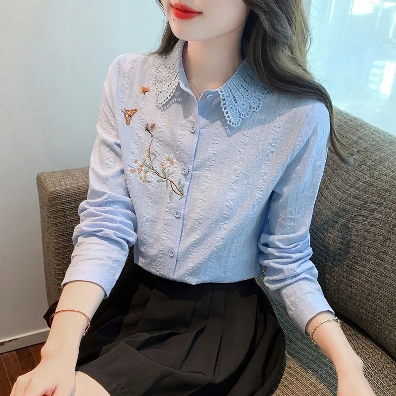 Embroidery Spring Autumn Blouses Shirts Lady Long Sleeve Turn-down Collar Color Blusas Tops Df4775
