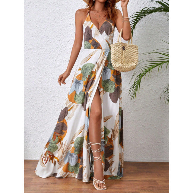 Flower Print Spaghetti Strap Dresses V-neck Backless Slit Long Dress Style Vacation Beach Vestidos