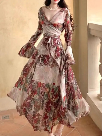 French Flower Print Midi Dress Female Retro Slim Design Long Sleeve Clothing Evening Party Dress Y2k Korean Summer